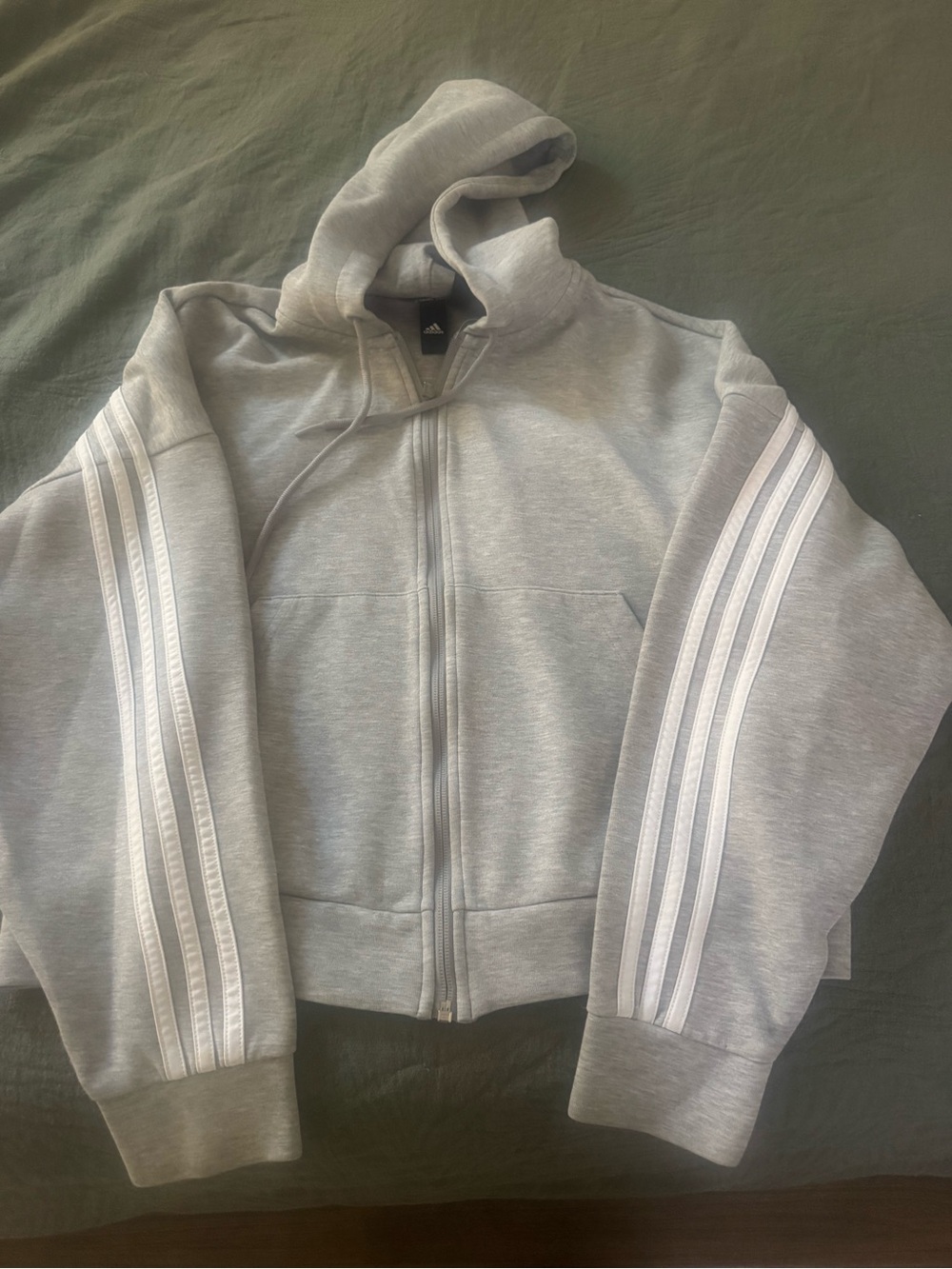 adidas Light Gray Hooded Zip-Up Sweatshirt with White Stripes